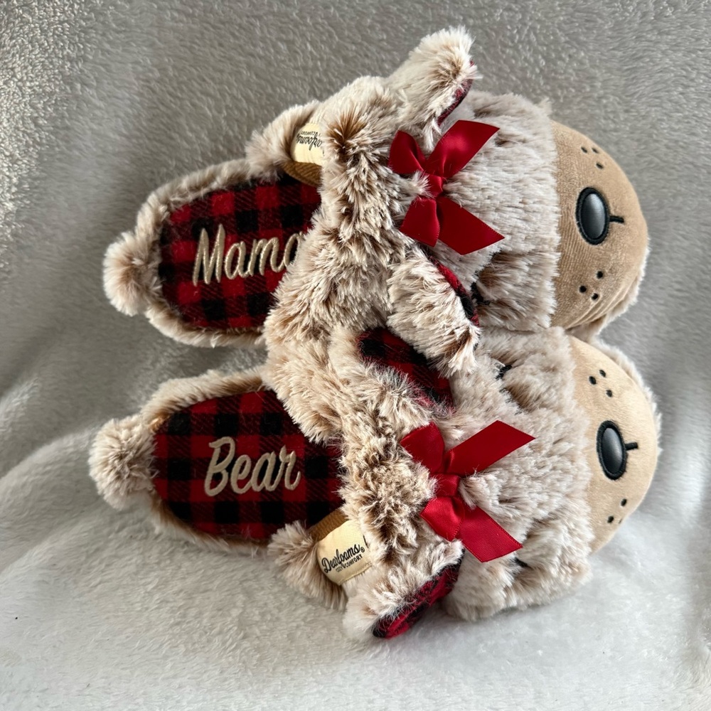 Dearfoams Women's Mama Bear Slippers - Tan and‎ Red Warm Fuzzy Size 5-6 New
